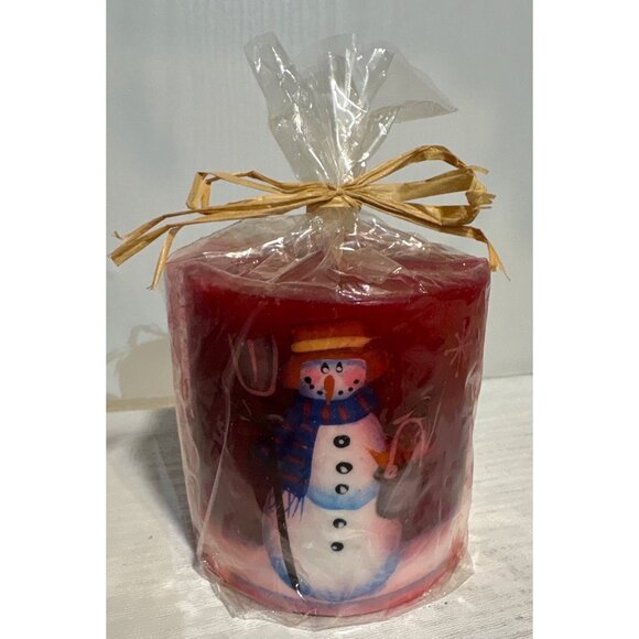 Snowman Holiday Pillar Candle 3 Inch Pillar Danson Decor Inc. Red Handpainted - Picture 2 of 7